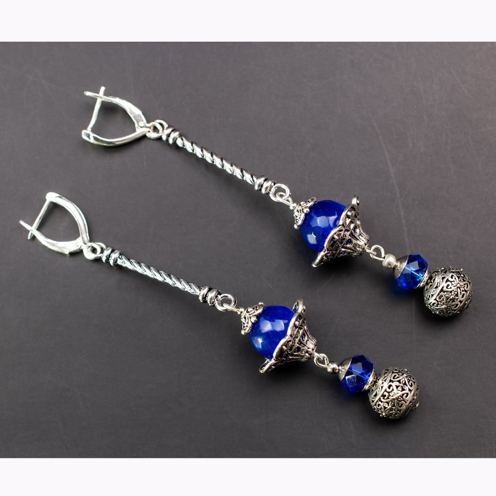Super long bar dangle earrings, cobalt blue stone jewelry